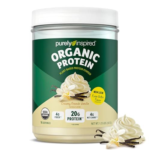 Purely Inspired Plant-Based Protein Powder for Men &amp; Women, Creamy French Vanilla (16 Servings) - Vegan &amp; Organic - 20g of Pea Protein Powder for Smoothies &amp; Shakes - Dairy-Free, &amp; Gluten-Free
