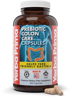 Yerba Prima Prebiotic Colon Care Capsules, 400 Caps - Five Forms of Fiber Plus FOS Pre-biotics - Dietary Health Supplement - Healthy Soluble &amp; Insoluble Fibers for Regularity &amp; Digestive Support