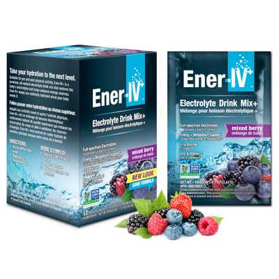 Ener-IV Electrolyte Hydration &amp; Energy Drink Potassium Vitamin C &amp; Zinc Electrolytes Powder Packets - Muscle Recovery &amp; Immunity Sports Drinks for Women &amp; Men Low Sugar Vegan, Mixed Berry - 12 Count