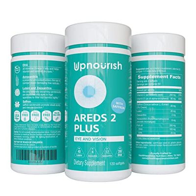 UpNourish AREDS 2+ - Advanced Eye Vitamin Supplement for Macular Health and Dry Eye - Lutein, Zeaxanthin, Saffron, Astaxanthin &amp; DHA - Supports Eye Strain, Pressure, Night Vision - 120 softgels
