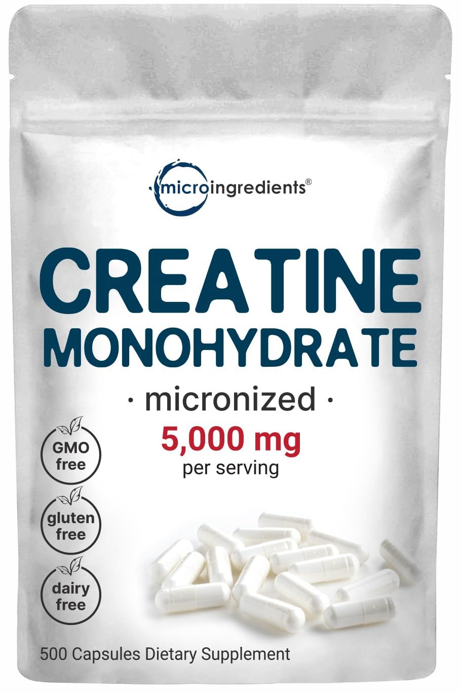 Creatine Monohydrate 5,000mg, 500 Capsules | Pure Creatine Pills - Micronized + Unflavored Powder Source, Easy Absorption | Pre Workout &amp; Muscle Health Support | Keto, Non-GMO