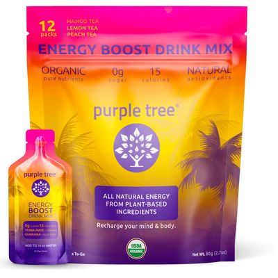 purple tree Organic Energy Stick Packets, Zero Sugar, B12 Vitamins, Lemon Ice Tea Flavor | 80mg Caffeine from Yerba Mate &amp; Guarana to Prevent Crashing, 12 to-Go Packs