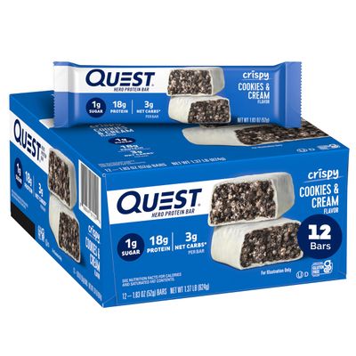 Quest Nutrition Crispy Cookies &amp; Cream Hero Protein Bar, 18g Protein, 1g Sugar, 3g Net Carb, Gluten Free Protein Snack, Keto Friendly, 12 Count