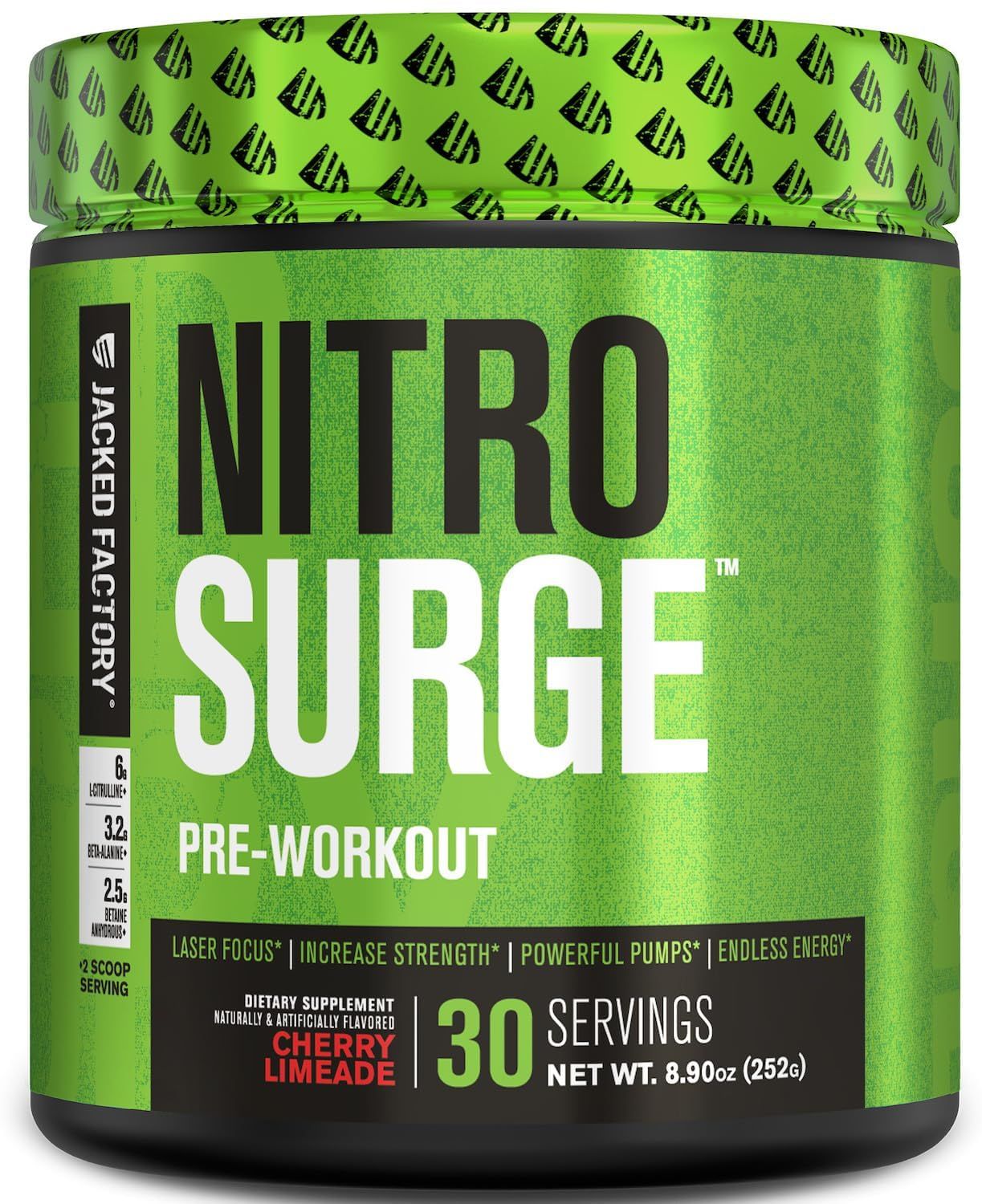 Jacked Factory NITROSURGE Pre Workout Supplement - Endless Energy, Instant Strength Gains, Clear Focus, Intense Pumps - NO Booster &amp; Preworkout Powder with Beta Alanine - 30 Servings, Cherry Limeade