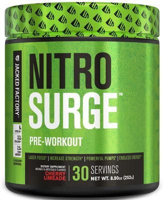 Jacked Factory NITROSURGE Pre Workout Supplement - Endless Energy, Instant Strength Gains, Clear Focus, Intense Pumps - NO Booster &amp; Preworkout Powder with Beta Alanine - 30 Servings, Cherry Limeade
