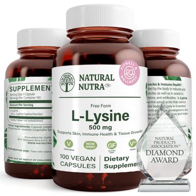 Natural Nutra L Lysine HCl, Promotes Bone Health and Growth, Improve Calcium Absorption, Support Faster Workout, Improve Vitamin C Absorption, Non-GMO, Vegan, 500 mg, 100 Capsules.