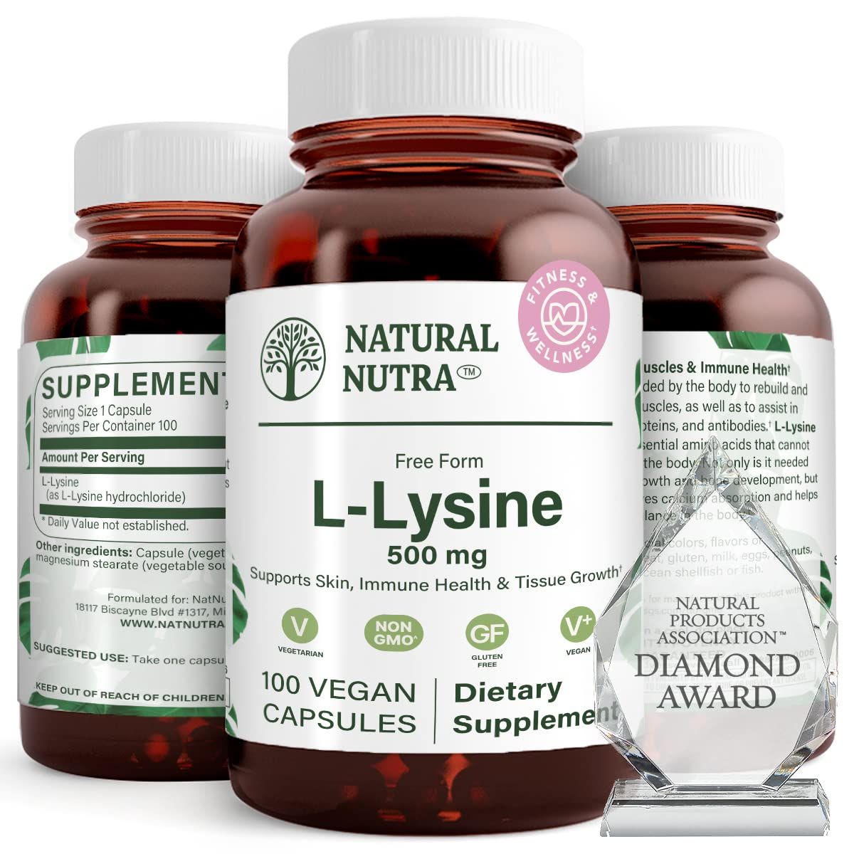 Natural Nutra L Lysine HCl, Promotes Bone Health and Growth, Improve Calcium Absorption, Support Faster Workout, Improve Vitamin C Absorption, Non-GMO, Vegan, 500 mg, 100 Capsules.