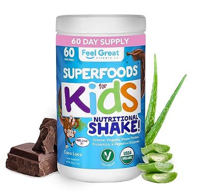 Kids Organic Super Greens Powder with Fruits &amp; Veggies - All-In-One Kids Multivitamin made from Real Plants - No Synthetic Vitamins, No Fillers or Binders, No Sugar Added.