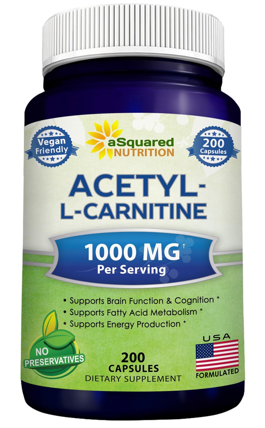 aSquared Nutrition Acetyl L-Carnitine 1000mg Max Strength - 200 Veggie Capsules - High Dosage Acetyl L Carnitine HCL (ALCAR) Supplement Pills to Support Pure Energy, Brain Function &amp; Fatty Acid