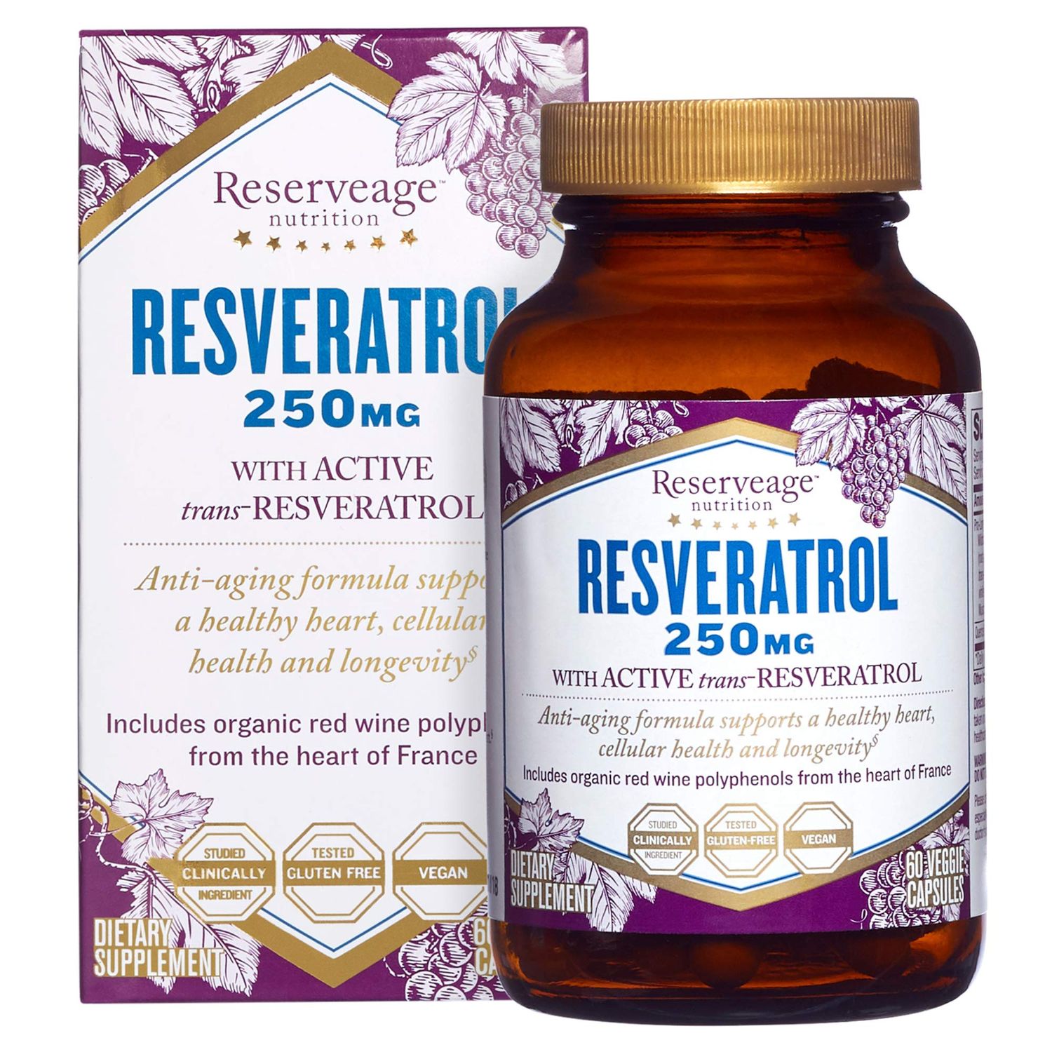 Reserveage Beauty Resveratrol 250 mg - Best Trans-Resveratrol - Vegan Antioxidant Supplement for Cellular &amp; Heart Health - Aids Healthy Aging &amp; Immune Health - 60 Vegetable Capsules (60 Servings)