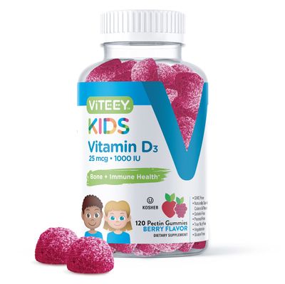 Vitamin D3 Kids Gummies 25mcg 1000 IU - Bone Health, Immune Health, Joint Muscle Support - Vegetarian, Gelatin Free, Gluten Free, GMO Free - Tasty Chewable Berry Flavored Gummy
