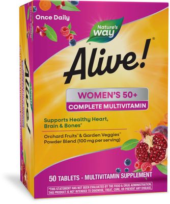 Nature&#39;s Way Alive! Women&#39;s 50+ Complete Multivitamin, Supports Healthy Heart, Brain, Bones*, B-Vitamins, Gluten-Free, 50 Tablets (Packaging May Vary)