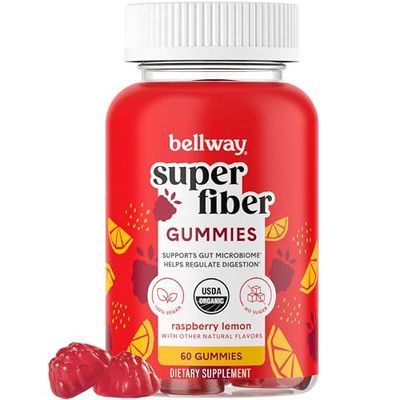 Bellway Super Fiber Gummies for Adults - Sugar Free Organic Fiber Supplement Gummies with 4g of Fiber per Serving - Prebiotic Chicory Root Fiber for Digestive Gut Health, Raspberry Lemon, 60 Count