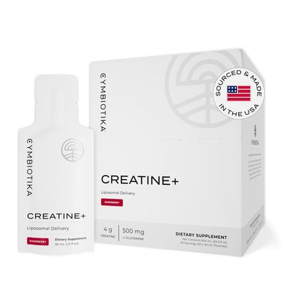 CYMBIOTIKA Creatine+, Creatine and Glutamine Supplement for Amino Energy, Recovery, Muscle Mass &amp; Brain Support, Liposomal Delivery, Gluten Free &amp; Vegan, Raspberry Flavor - 30ml Pouches (Pack of 20)