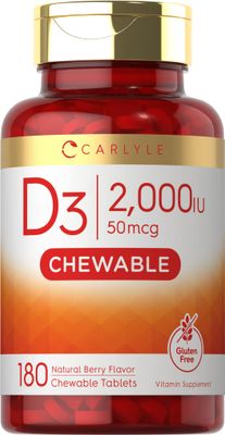 Carlyle Chewable Vitamin D3 2000IU (50mcg) Tablets | 180 Count | Berry Flavor | Vegetarian, Non-GMO and Gluten Free