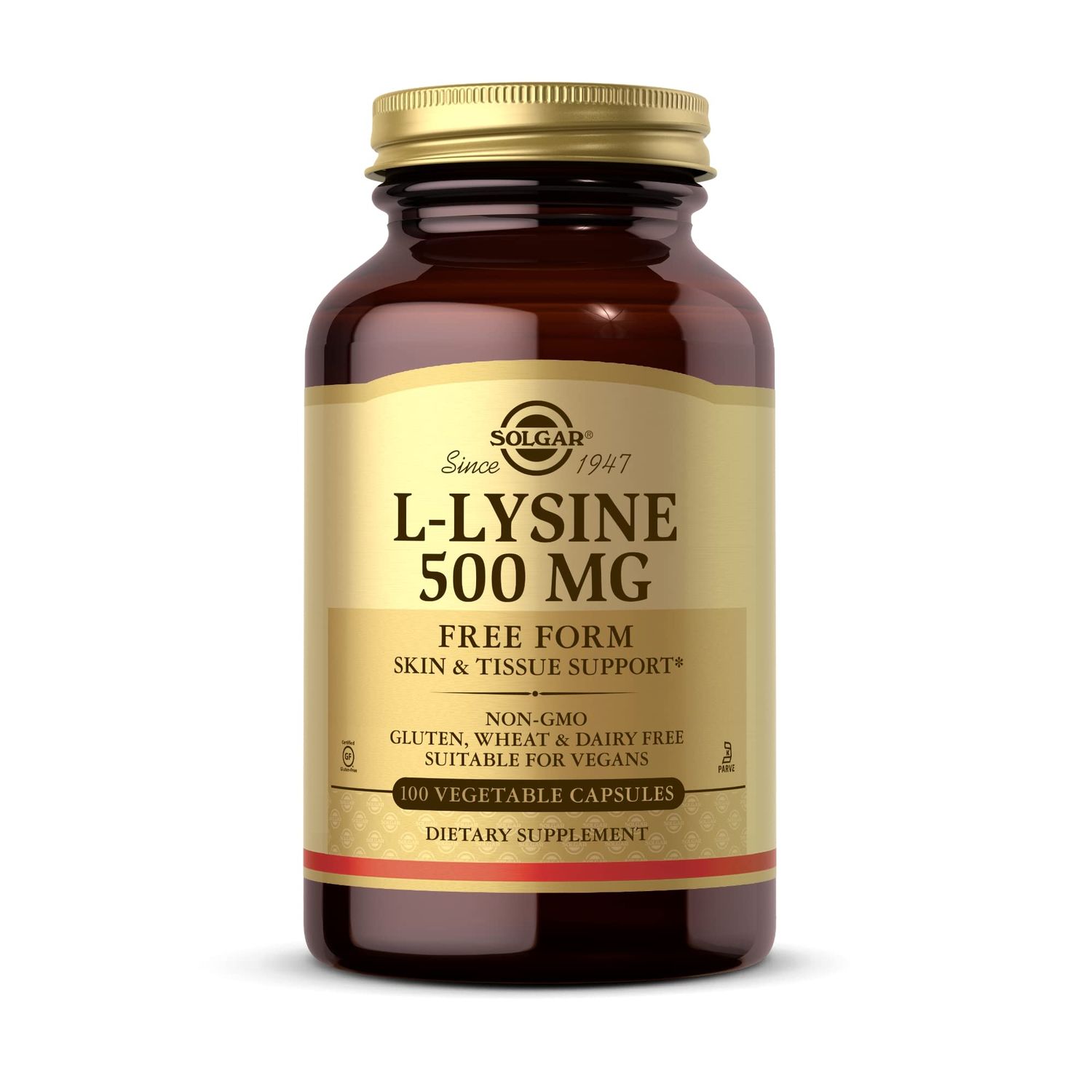 SOLGAR L-Lysine 500 mg - 100 Vegetable Capsules - Skin &amp; Tissue Support - Non-GMO, Vegan, Kosher, Gluten Free - 100 Servings