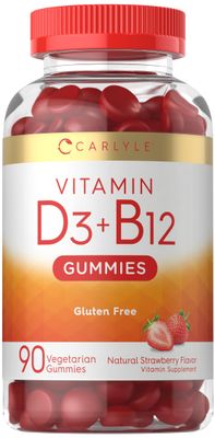 Carlyle Vitamin D3 + B12 Complex Gummies | 90 Count | Vegetarian, Non-GMO, and Gluten Free Formula | Strawberry Flavor Supplement