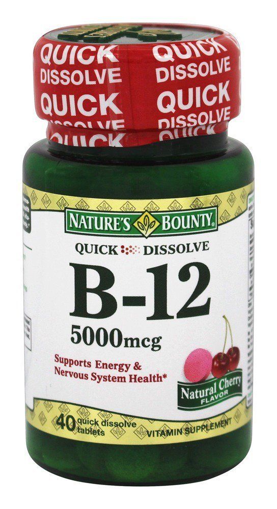 Nature&#39;s Bounty B-12 5000 mcg Supplement Quick Dissolve Natural Cherry Flavor - 40 Tablets, Pack of 2