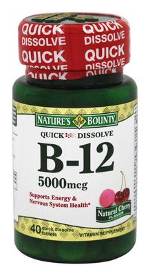 Nature&#39;s Bounty B-12 5000 mcg Supplement Quick Dissolve Natural Cherry Flavor - 40 Tablets, Pack of 2