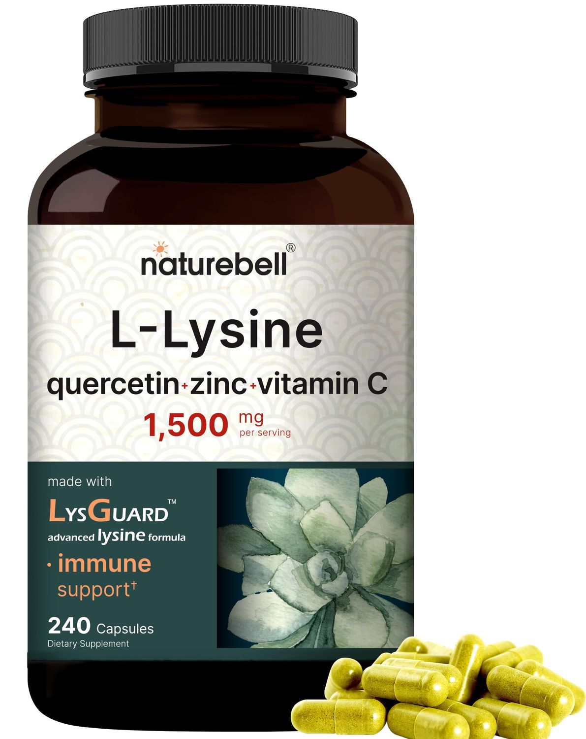 NatureBell L-Lysine 1,000mg Capsules + Quercetin 250mg with Vitamin C and Zinc, 240 Count | Free Form Amino Acids, L Lysine Complex | Immune Support, Lip &amp; Skin Health Supplement