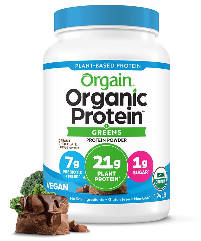 Orgain Organic Vegan Protein Powder + Greens, Creamy Chocolate Fudge - 21g Plant Based Protein, 7g Prebiotic Fiber for Gut Health, Gluten Free, No Lactose Ingredients, No Sugar Added, Non-GMO - 1.94lb
