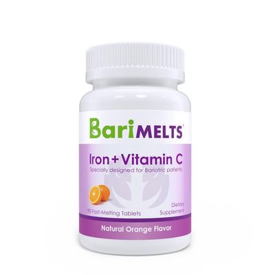 Barimelts Iron with Vitamin C - 90 Fast-Dissolving Tablets (1-Month Supply) - Sugar-Free Bariatric Iron Supplement for Women, Natural Orange Flavor