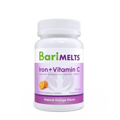 Barimelts Iron with Vitamin C - 90 Fast-Dissolving Tablets (1-Month Supply) - Sugar-Free Bariatric Iron Supplement for Women, Natural Orange Flavor