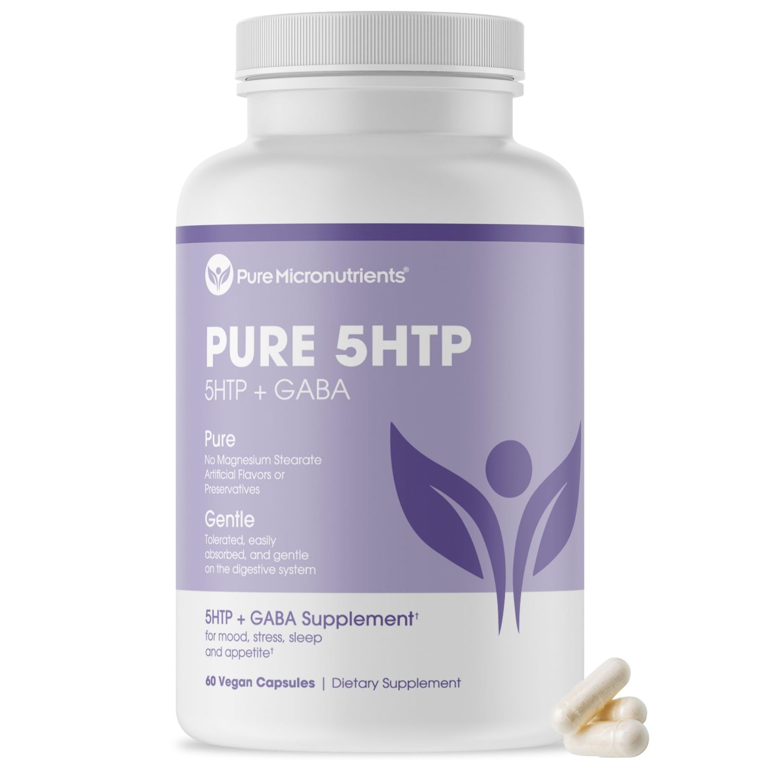 Pure 5-HTP (5-Hydroxytryptophan) Plus GABA Supplement - for Sleep, Mood &amp; Stress Management - 60 Veggie Caps