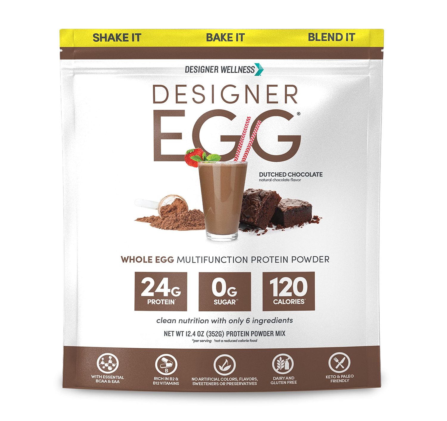 Designer Wellness, Designer Egg, Natural Egg Yolk &amp; Egg White Protein Powder, Keto and Paleo Friendly, Low Calorie, Less Fat and Cholesterol, Dutch Chocolate, 12.4 Ounce
