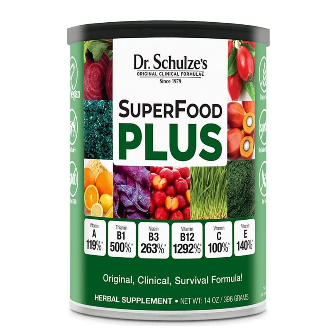 Dr. Schulzes SuperFood Plus | Vitamin and Mineral Herbal Concentrate | Daily Nutrition | Gluten-Free and Non-GMO | Vegan | 14 Ounce Powder | Packaging May Vary