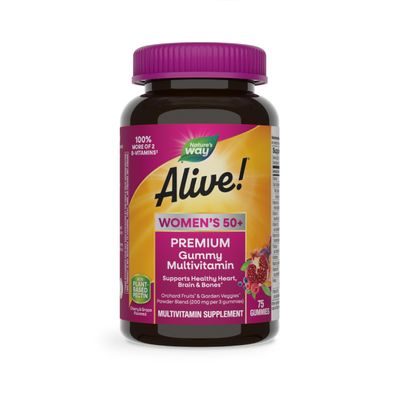 Natures Way Alive! Womens 50+ Premium Gummy Multivitamin, Supports Healthy Heart, Brain &amp; Bones*, B-Vitamins, Gluten-Free, Vegetarian, Grape and Cherry Flavored, 75 Gummies (Packaging May Vary)