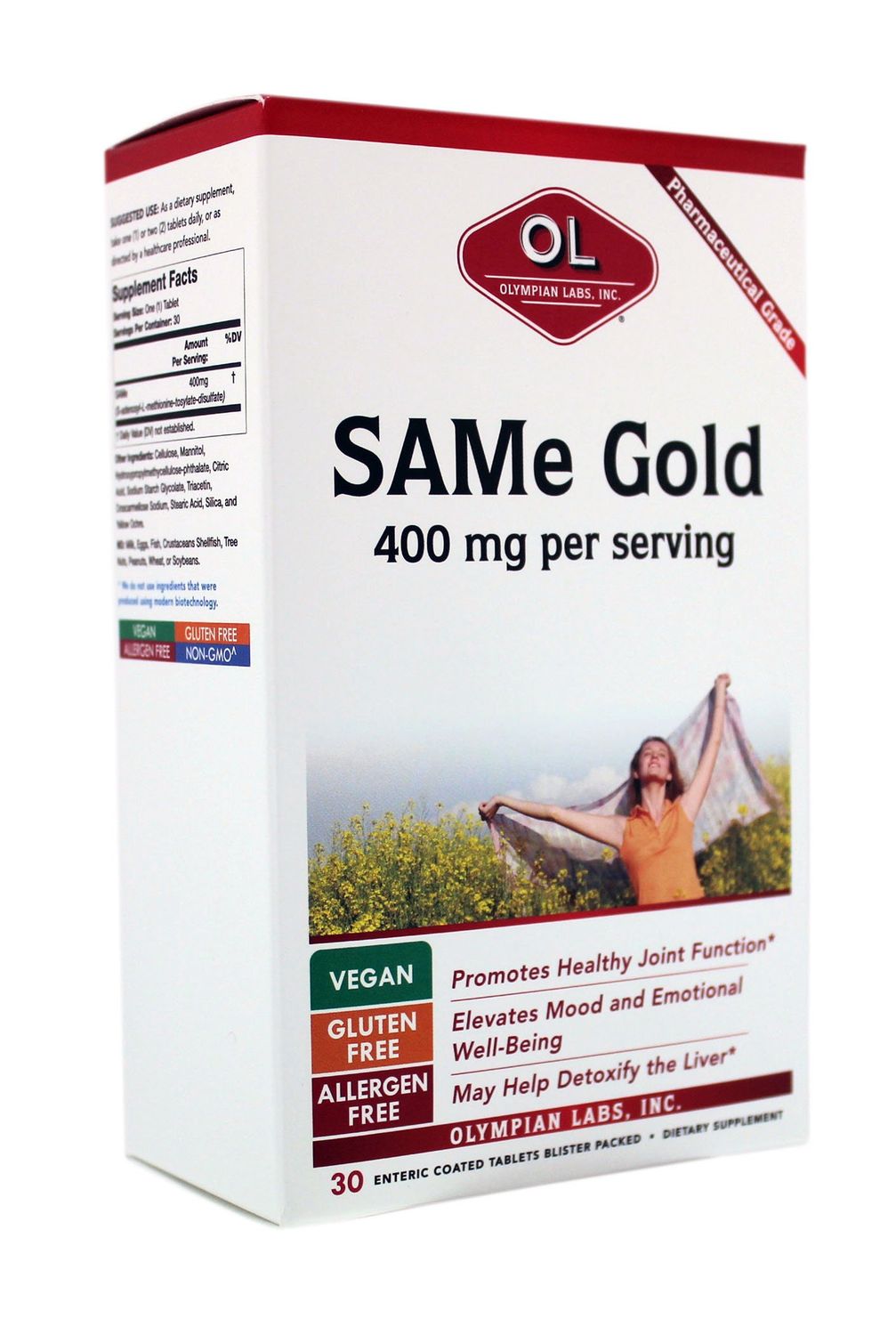 Olympian Labs Enteric Coated SAMe Gold | 400 mg per Serving | Vegan, Gluten Free, Soy Free | Mood and Joint Support - 30 Enteric Coated Tablets