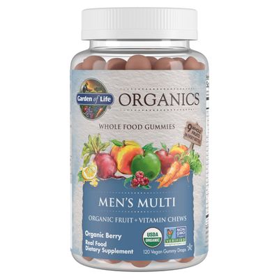 Garden of Life Organics Men&#39;s Gummy Vitamins - Berry - Certified Organic, Non-GMO, Vegan, Kosher Complete Multi - Methyl B12, C &amp; D3 - Gluten, Soy &amp; Dairy Free, 120 Real Fruit Chew Gummies
