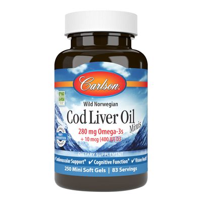 Carlson - Cod Liver Oil Minis, 280 mg Omega-3s + Vitamins A &amp; D3, Heart Support &amp; Cognitive Function, Vision Health, 250 Mini Soft Gels