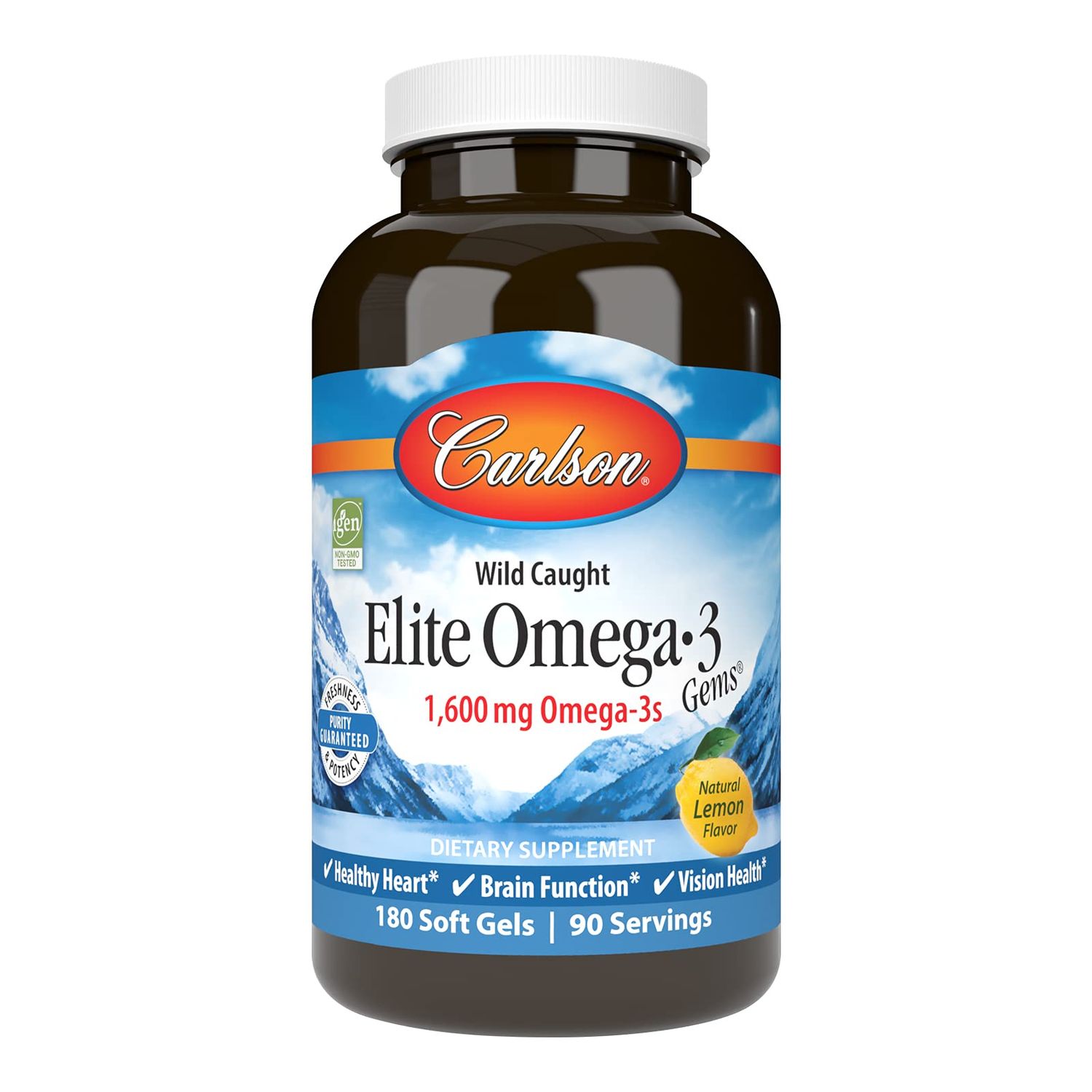 Carlson - Elite Omega-3 Gems, 1600 mg Omega-3s, Heart, Brain &amp; Vision Support, Wild Caught, Orange, 180 soft gels