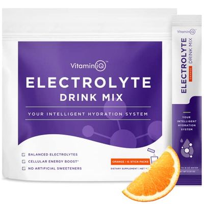 VitaminIQ Electrolytes Powder - 15 Sticks Electrolyte Powder Packets for Energy &amp; Endurance - IV Hydration Multiplier Electrolyte Mix for Mental Clarity &amp; Fluid Balance - IV Hydration Packets, Orange