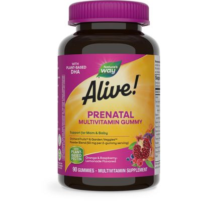 Natures Way Alive! Prenatal Multivitamin, Plant-Based DHA for Baby&#39;s Healthy Brain &amp; Eye Development*, Vegetarian, Orange and Raspberry Lemonade Flavored, 90 Gummies (Packaging May Vary)