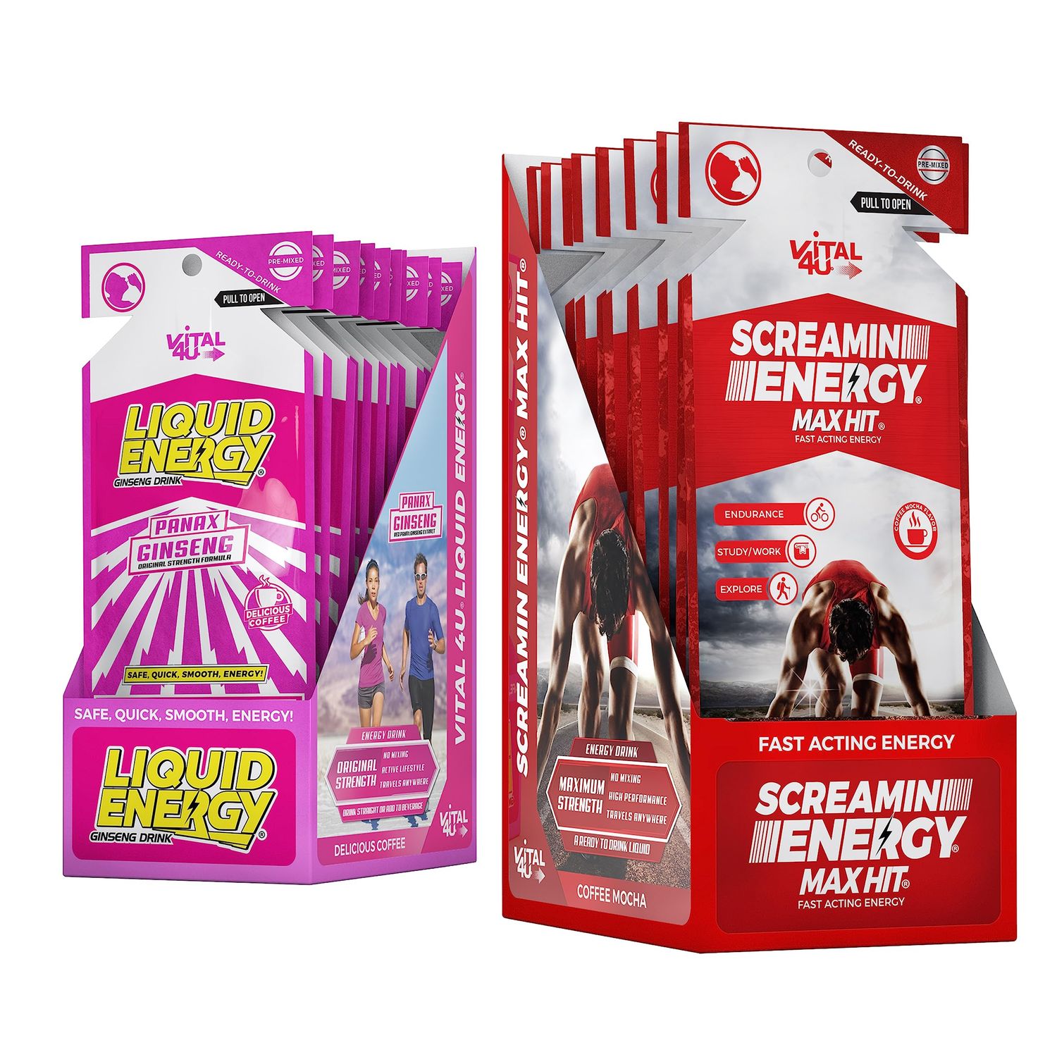 VITAL 4U Energy Combo Pack - Screamin Energy Max Hit &amp; Liquid Energy Coffee, Ginseng, B Vitamins, Caffeine, 24 ct