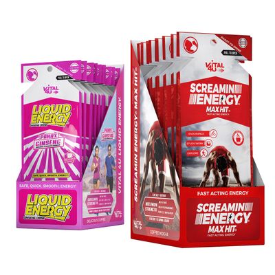 VITAL 4U Energy Combo Pack - Screamin Energy Max Hit &amp; Liquid Energy Coffee, Ginseng, B Vitamins, Caffeine, 24 ct