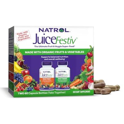 Natrol JuiceFestiv Pack, Daily Fruit and Veggie Capsules, Dietary Supplement Supports Balanced Nutrition, 120 Count, Pack of 2