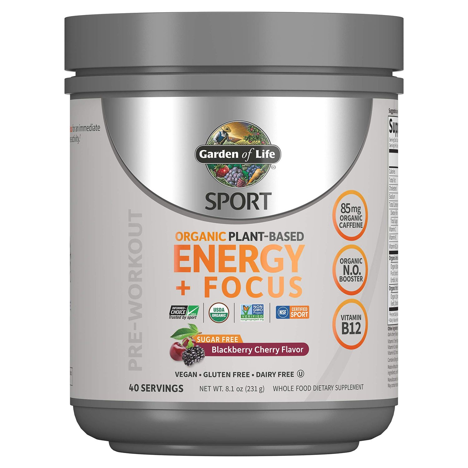 Garden of Life Sport Organic Plant-Based Energy + Focus Vegan Clean Pre Workout Powder, Sugar &amp; Gluten Free BlackBerry Cherry with 85mg Caffeine, Natural NO Booster, B12, 40 Servings, 8.14 Oz