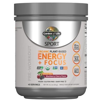 Garden of Life Sport Organic Plant-Based Energy + Focus Vegan Clean Pre Workout Powder, Sugar &amp; Gluten Free BlackBerry Cherry with 85mg Caffeine, Natural NO Booster, B12, 40 Servings, 8.14 Oz