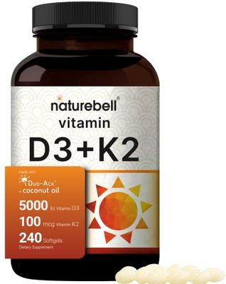 NatureBell Vitamin D3 5000 K2 (MK7) with Virgin Coconut Oil, 240 Softgels, 100mcg, 2 in 1 Support, Duo-Ack | 8 Months Supply | Third Party Tested, Non GMO &amp; No Gluten