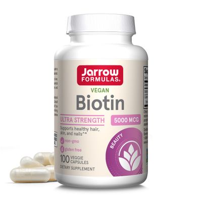 Jarrow Formulas Biotin Ultra Strength 5000 mcg, Dietary Supplement, Hair, Skin, and Nails Support, 100 Veggie Capsules, Up to 100 Day Supply