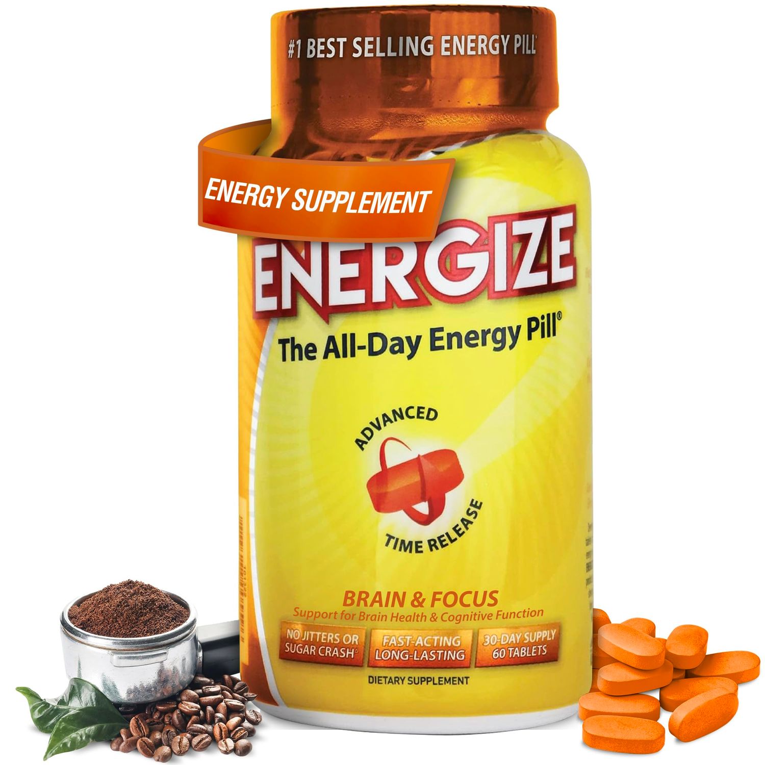 iSatori Energize Brain &amp; Focus Caffeine Pills - Fast Acting All Day Energy Pills, Brain Booster, Energy and Focus Supplement, Time Release Caffeine Means No Jitters, No Crash (60 Tablets)