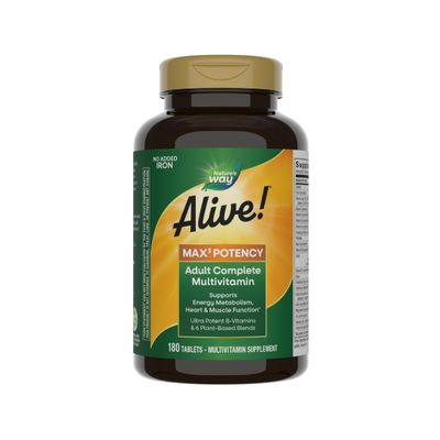 Nature&#39;s Way Alive! Max3 Potency Multivitamin, Antioxidants &amp; High Potency B-Vitamins to Support Cellular Energy Metabolism*, No Added Iron, 180 Tablets