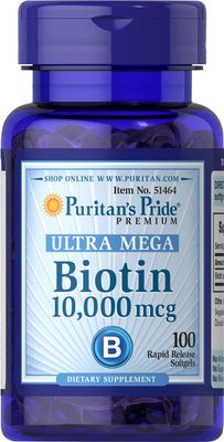 Puritan's Pride Premium Ultra Mega Biotin 10,000mcg, Dietary Supplement for Healthy Hair, Skin, Nails, and Energy Metabolism Support,100 Day Supply, 100 Rapid Release Softgels