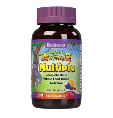 Bluebonnet Nutrition Rainforest Animalz Whole Food Based Multiple Chewable Tablet, Kids Multivitamin &amp; Mineral, Vitamin C, D3, Iron, Gluten Free, Milk Free, Kosher, 180 Chewable Tablets, Mixed Flavor