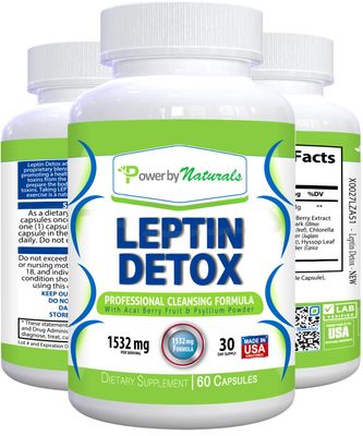 Power By Naturals Leptin Detox Cleanse for Reduce Weight - Natural Gut &amp; Colon Cleanser, 1532mg, Acai Berry Cleanse for Men &amp; Women, 60 Capsules, USA-Made