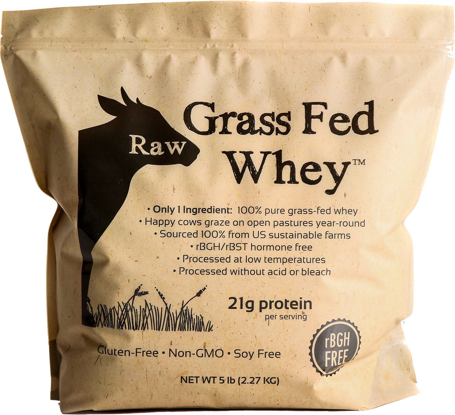 Raw Grass Fed Whey Protein Powder, Happy Healthy Cows, Undenatured, GMO-Free, Hormone Free, Gluten Free, Unflavored, Unsweetened, 5LB
